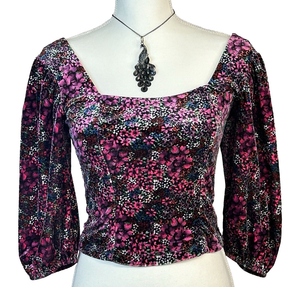 So Womens Velvet Crop Top M Puff Sleeve Fairy Floral Cottagecore Ren Fair